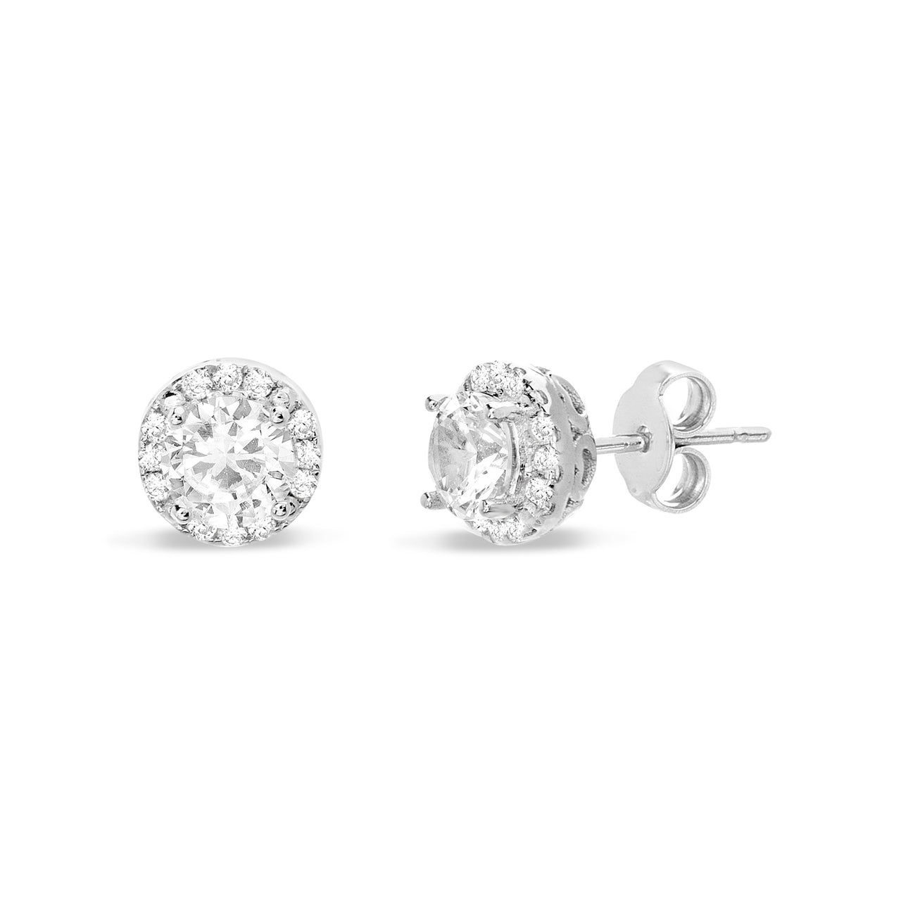 Lesa Michele Laboratory Created White Sapphire and 1/10 Cttw Diamond Halo Stud Earring in Rhodium Plated Sterling Silver