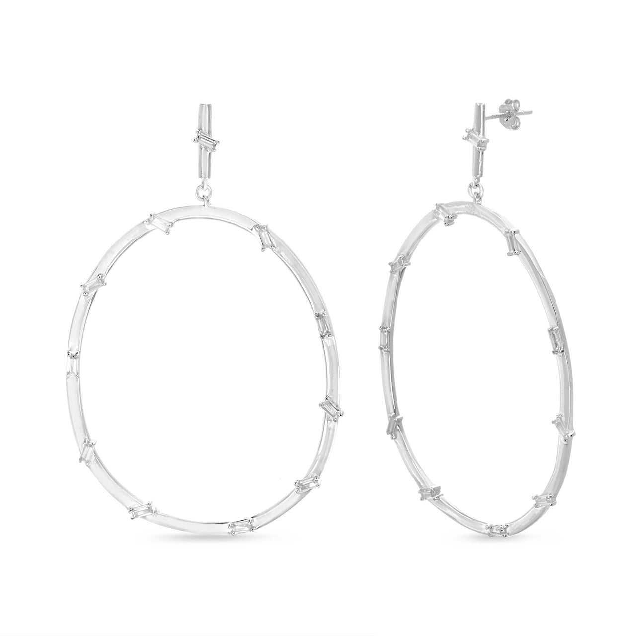 Lesa Michele Rhodium Plated Sterling Silver Bar Drop Open Hoop Post Earrings