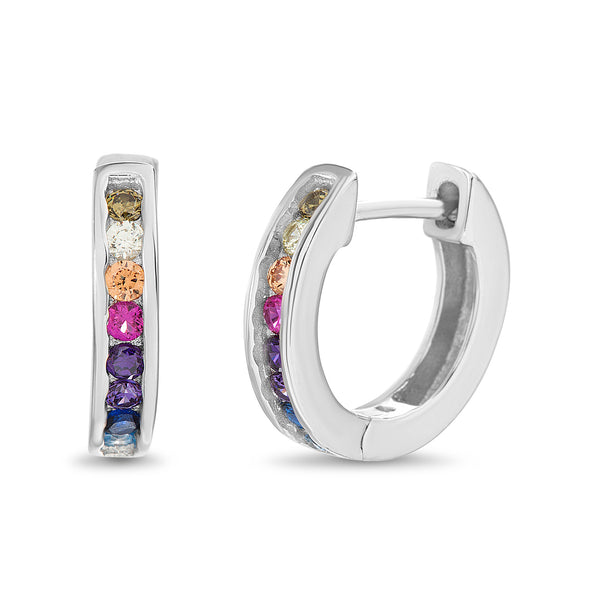 Lesa Michele Rainbow CZ Channel Set Huggie Hoop Earring in Rhodium Plated Sterling Silver