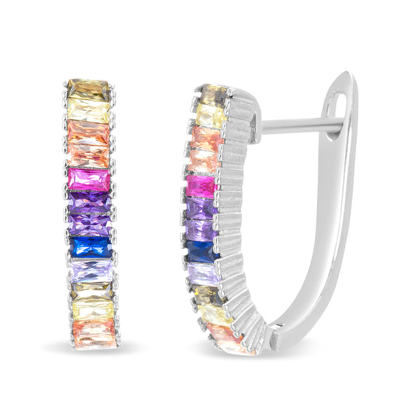 Lesa Michele Rainbow Baguette Shaped Cubic Zirconia Huggie Hoop Earring in Rhodium Plated Sterling Silver