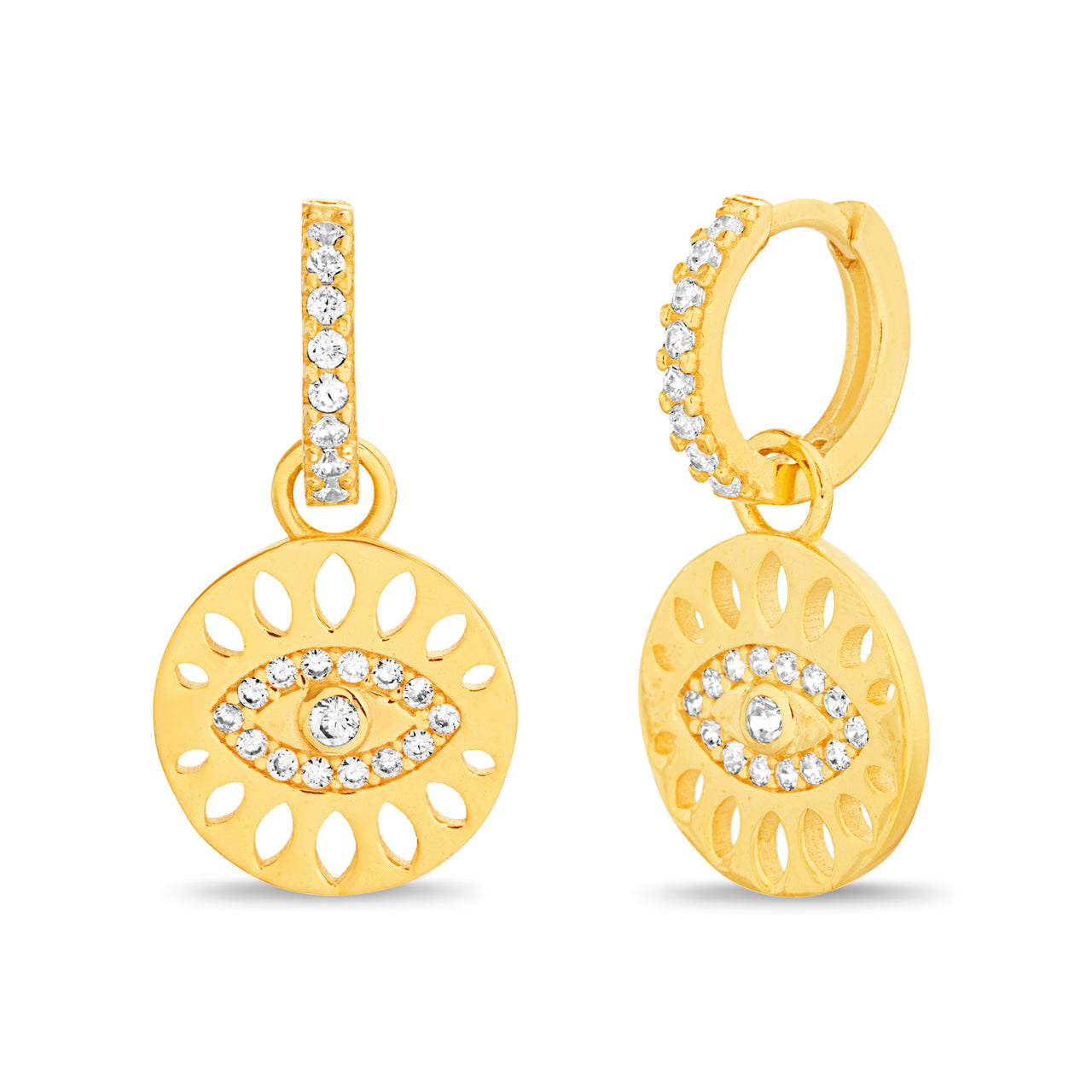 Lesa Michele Evil Eye Dangle Huggie Earrings in Yellow Gold Plated Sterling Silver with Cubic Zirconia