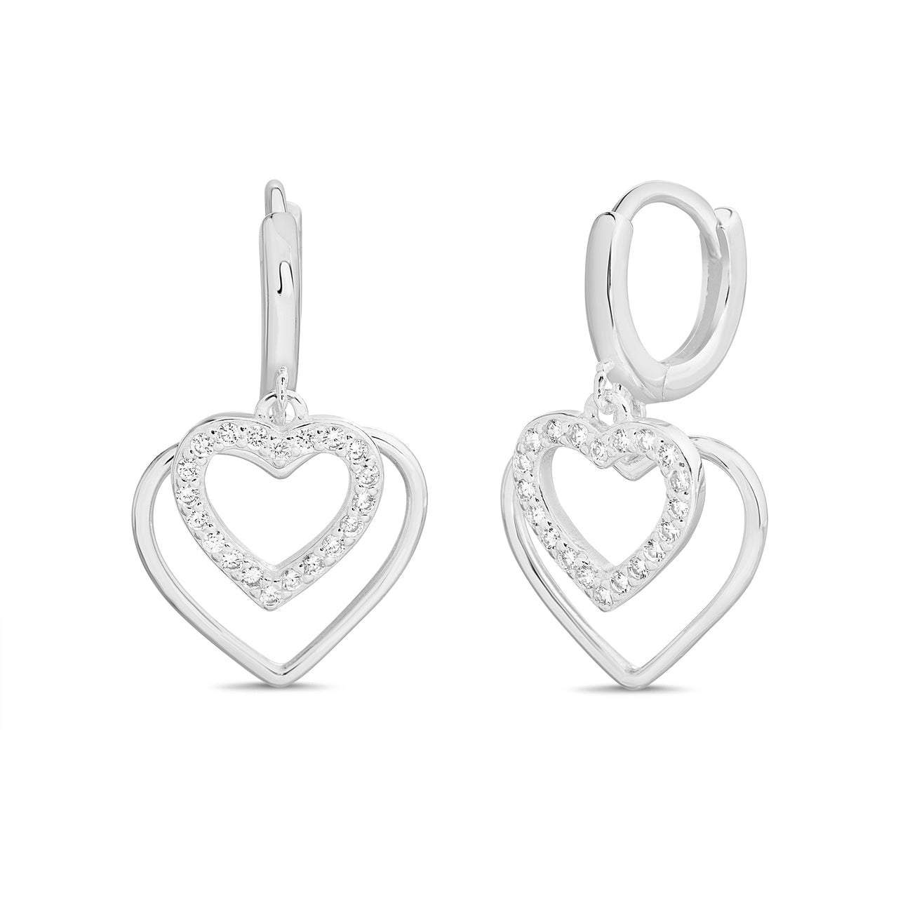 Lesa Michele Double Open Heart Dangle Earrings in Sterling Silver with Cubic Zirconia