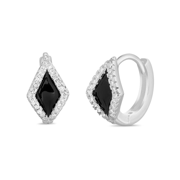 Lesa Michele Black Enamel Cubic Zirconia Diamond Shaped Huggie Earrings