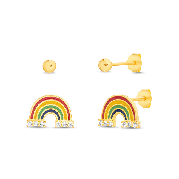 Olivia & Jackson Cubic Zirconia Rainbow and Polished Ball Duo Stud Earrings Set in Yellow Gold Plated Sterling Silver