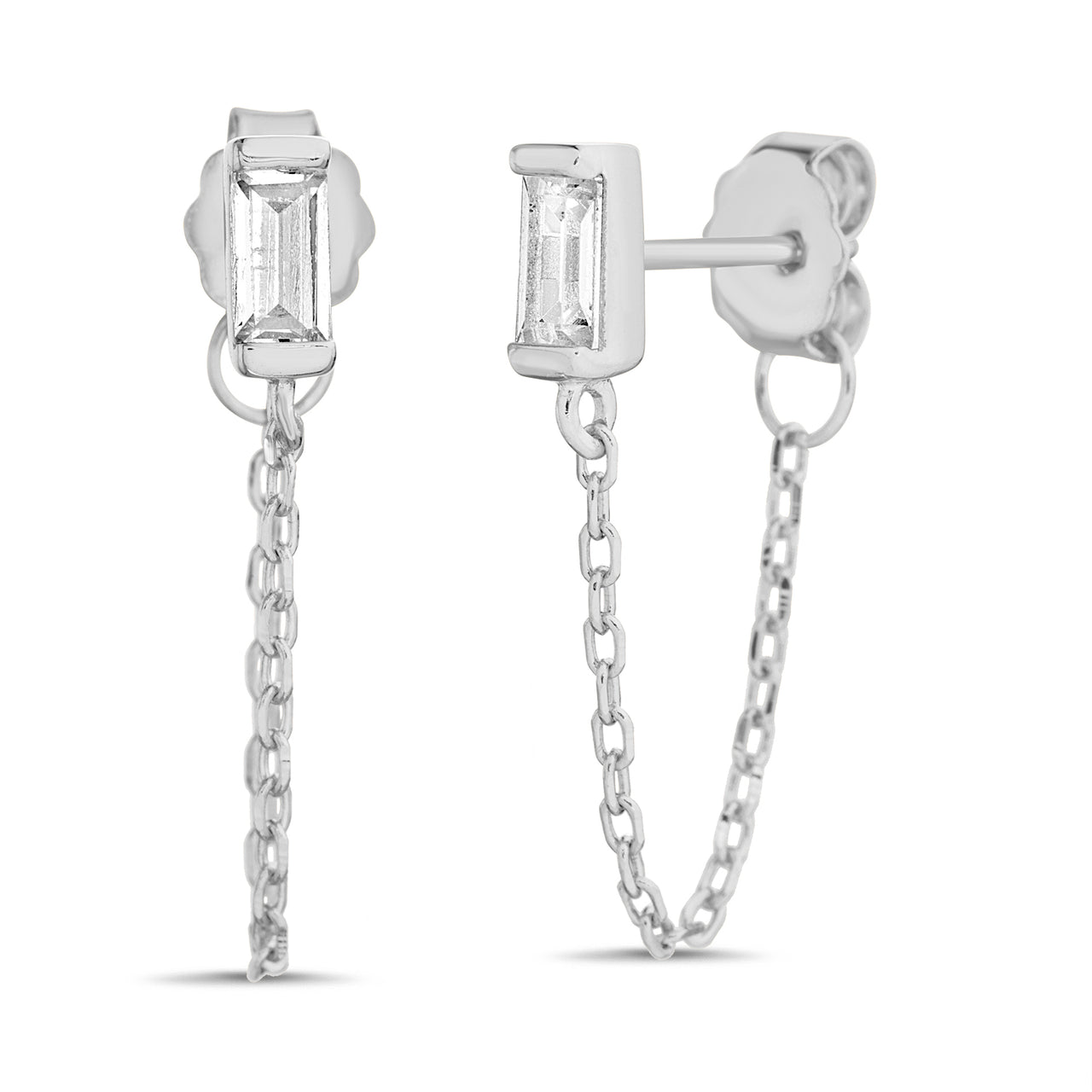 Lesa Michele Baguette Cut Cubic Zirconia Post Chain Front to Back Earrings in Rhodium Plated Sterling Silver