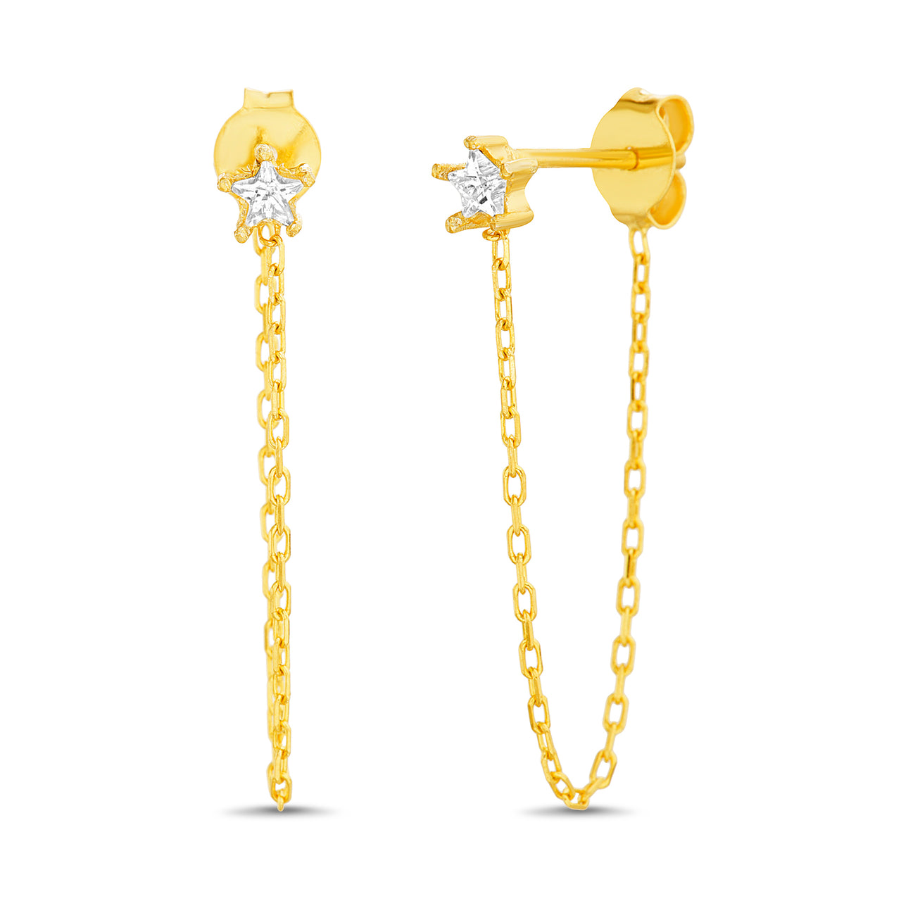 Lesa Michele Star Cubic Zirconia Post Chain Front to Back Earrings in Yellow Gold Plated Sterling Silver