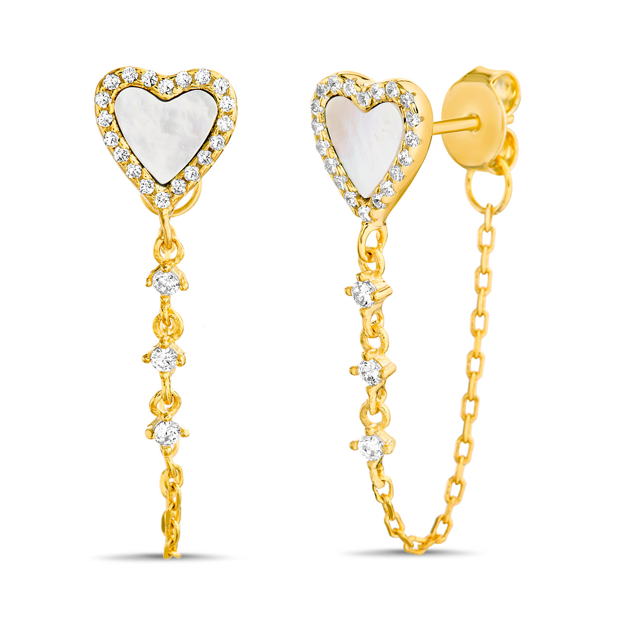 Lesa Michele Enamel Cubic Zirconia White Heart Chain Front to Back Earrings in Yellow Gold Plated Sterling Silver