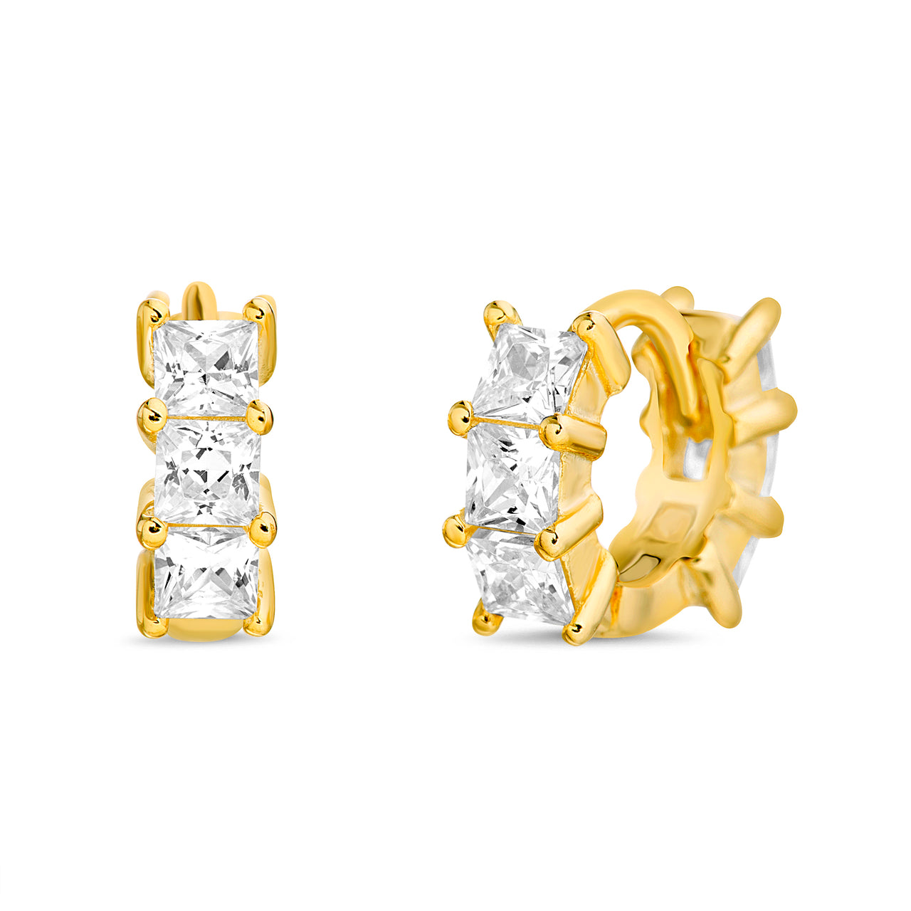 Lesa Michele Yellow Gold Plated Sterling Silver Cubic Zirconia Princess Cut Huggie Earrings