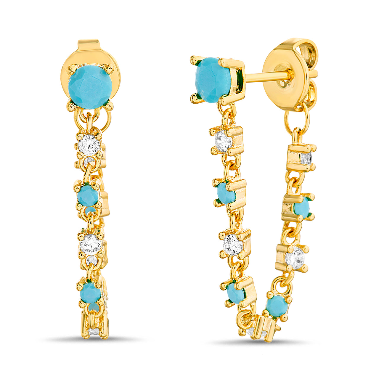 Lesa Michele Turquoise Square Cubic Zirconia Chain Front to Back Earrings in Yellow Gold Plated Sterling Silver