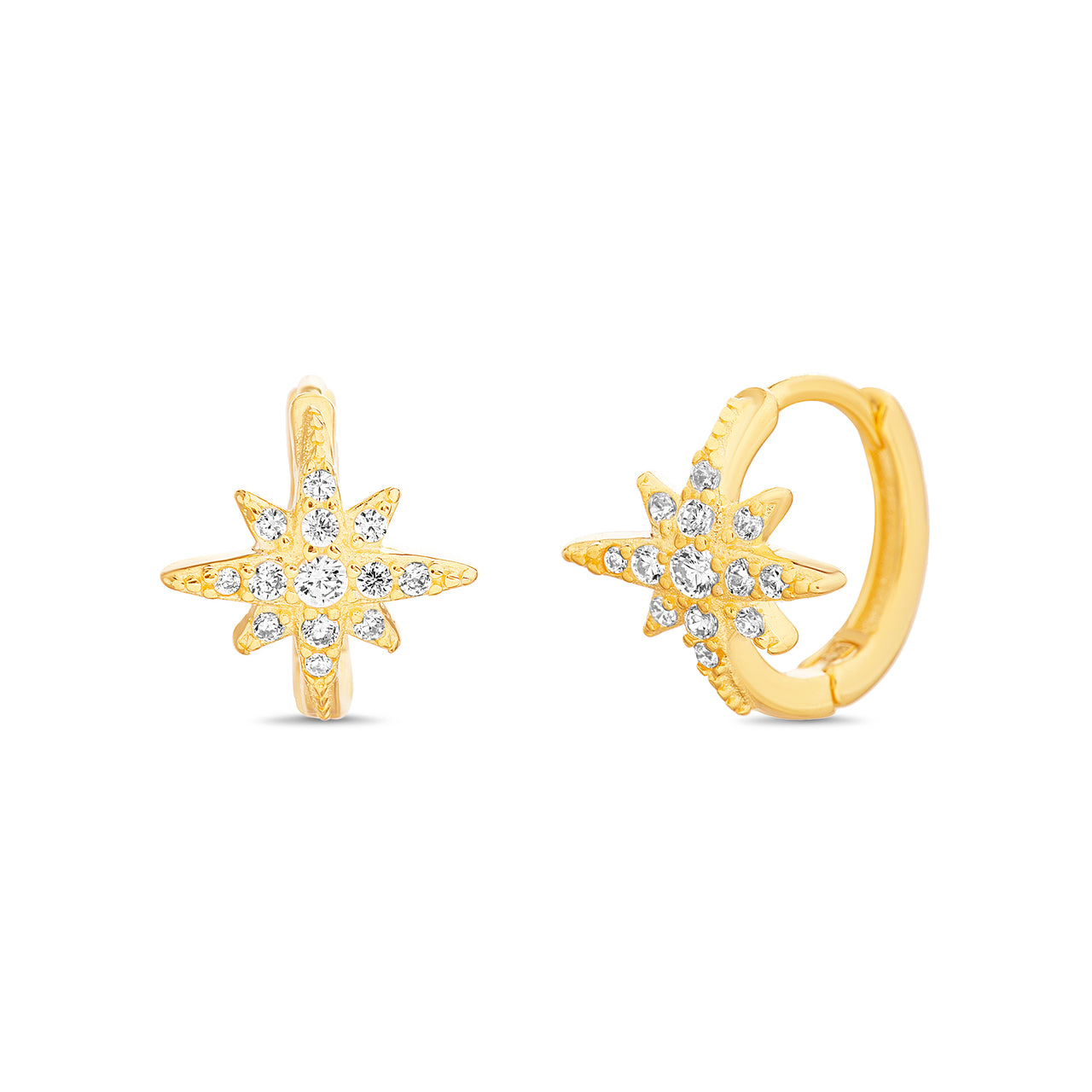 Lesa Michele Yellow Gold Plated Sterling Silver Star Burst Hoop Earrings with Cubic Zirconia