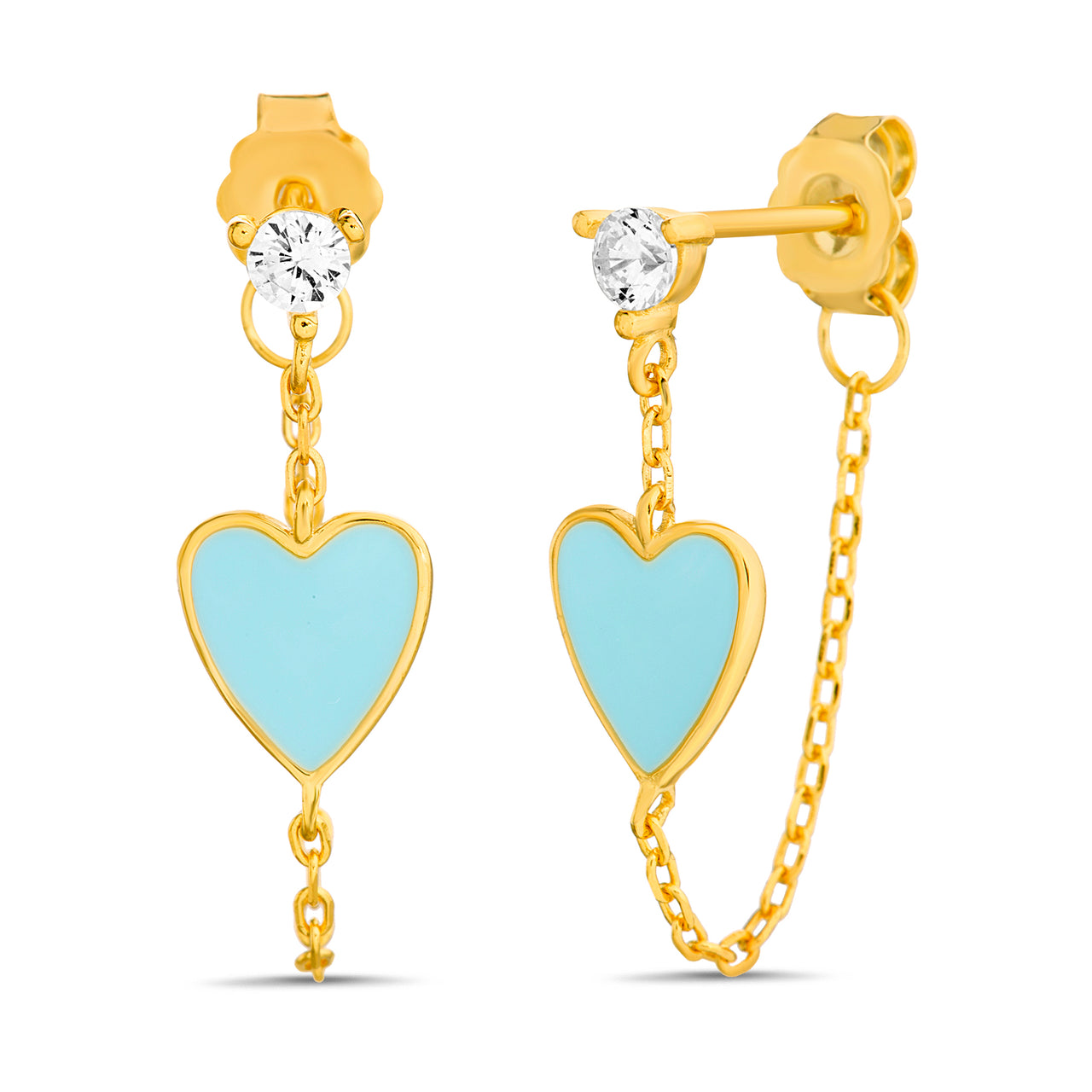 Lesa Michele Turquoise Enamel Heart Cubic Zirconia Chain Front to Back Earrings in Yellow Gold Plated Sterling Silver