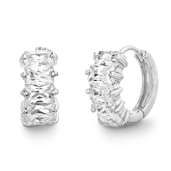 13mm Baguette Shaped Cubic Zirconia Huggie Hoop Bridal Gift Earrings for Women in Rhodium Plated 925 Sterling Silver