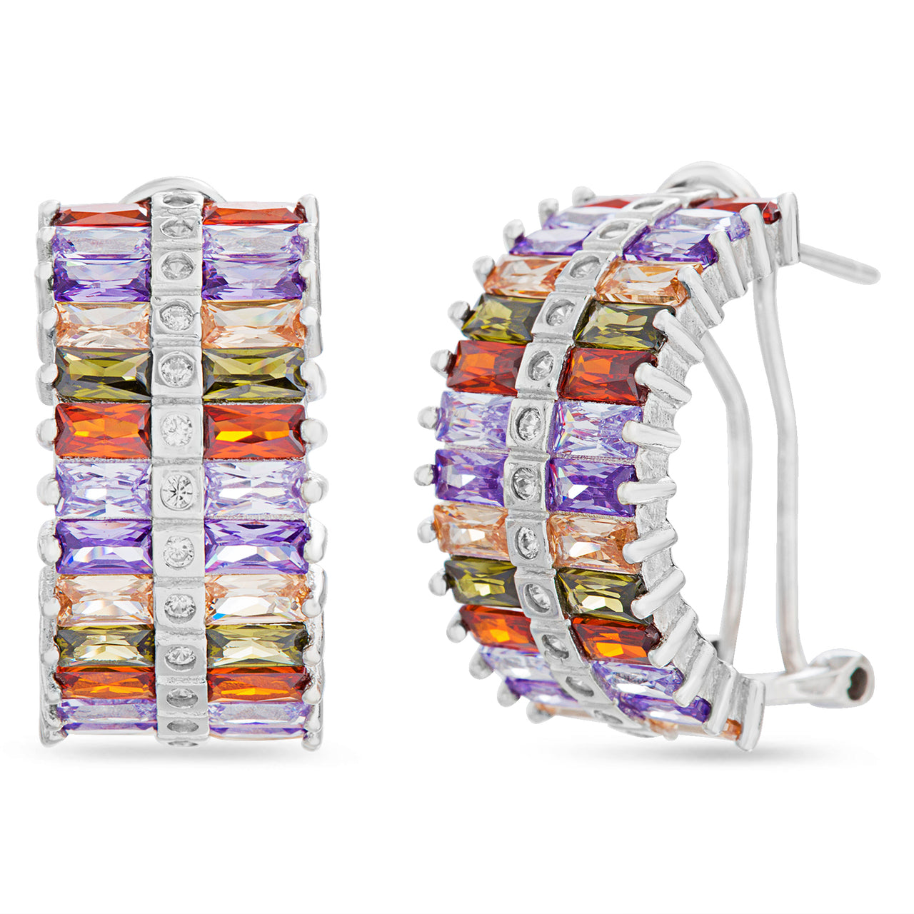 Lesa Michele Rainbow Cubic Zirconia Double Row Omega Back Half Hoop Earring in Rhodium Plated Sterling Silver
