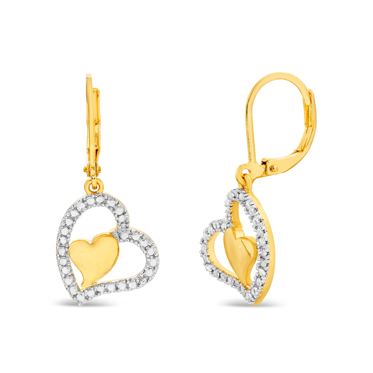 Lumineux Genuine Diamond Accented Heart Dangle Earrings in Yellow Gold Plated Brass