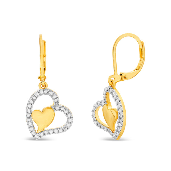 Lumineux Genuine Diamond Accented Heart Dangle Earrings in Yellow Gold Plated Brass