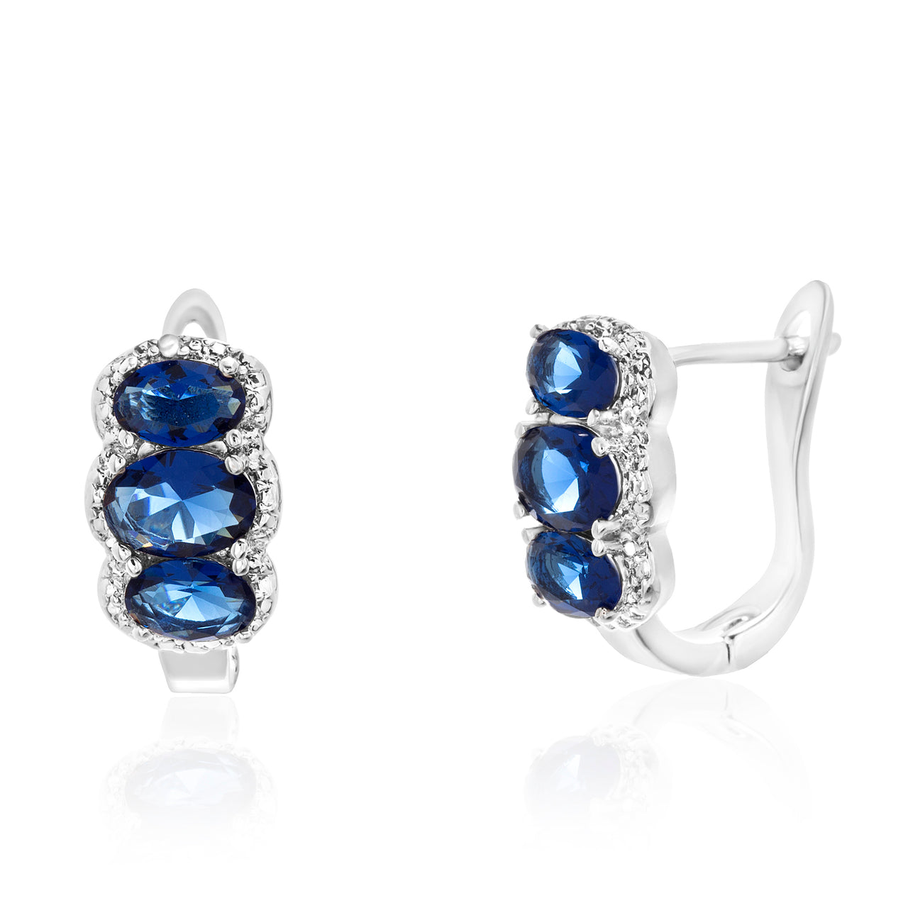 Lesa Michele Lab Created Blue Sapphire and Diamond Accent Hoop Earrings in Rhodium Plated Brass