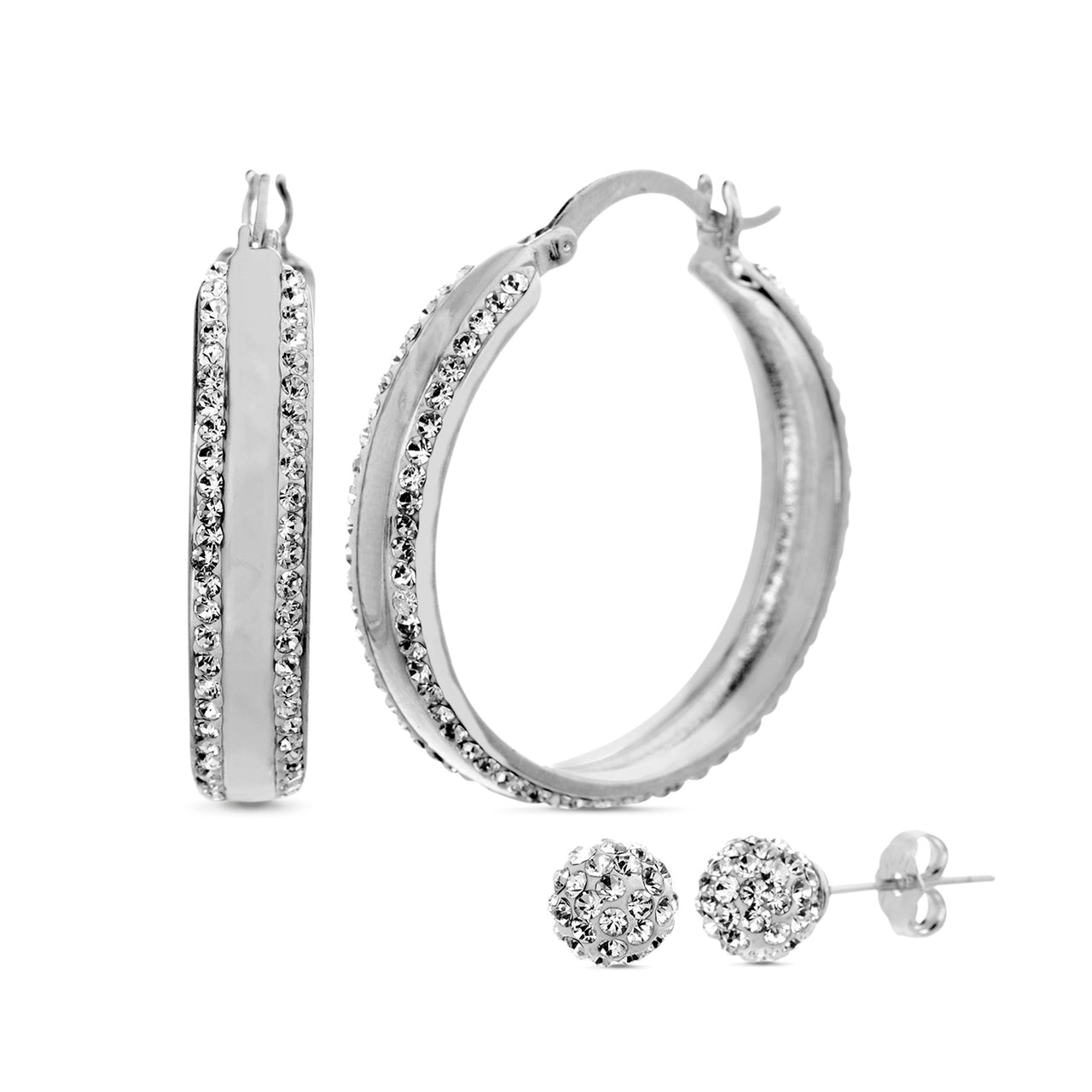 Lesa Michele Crystal Hoops and Ball Stud Earrings 2 Pair Set made with Swarovski Crystals