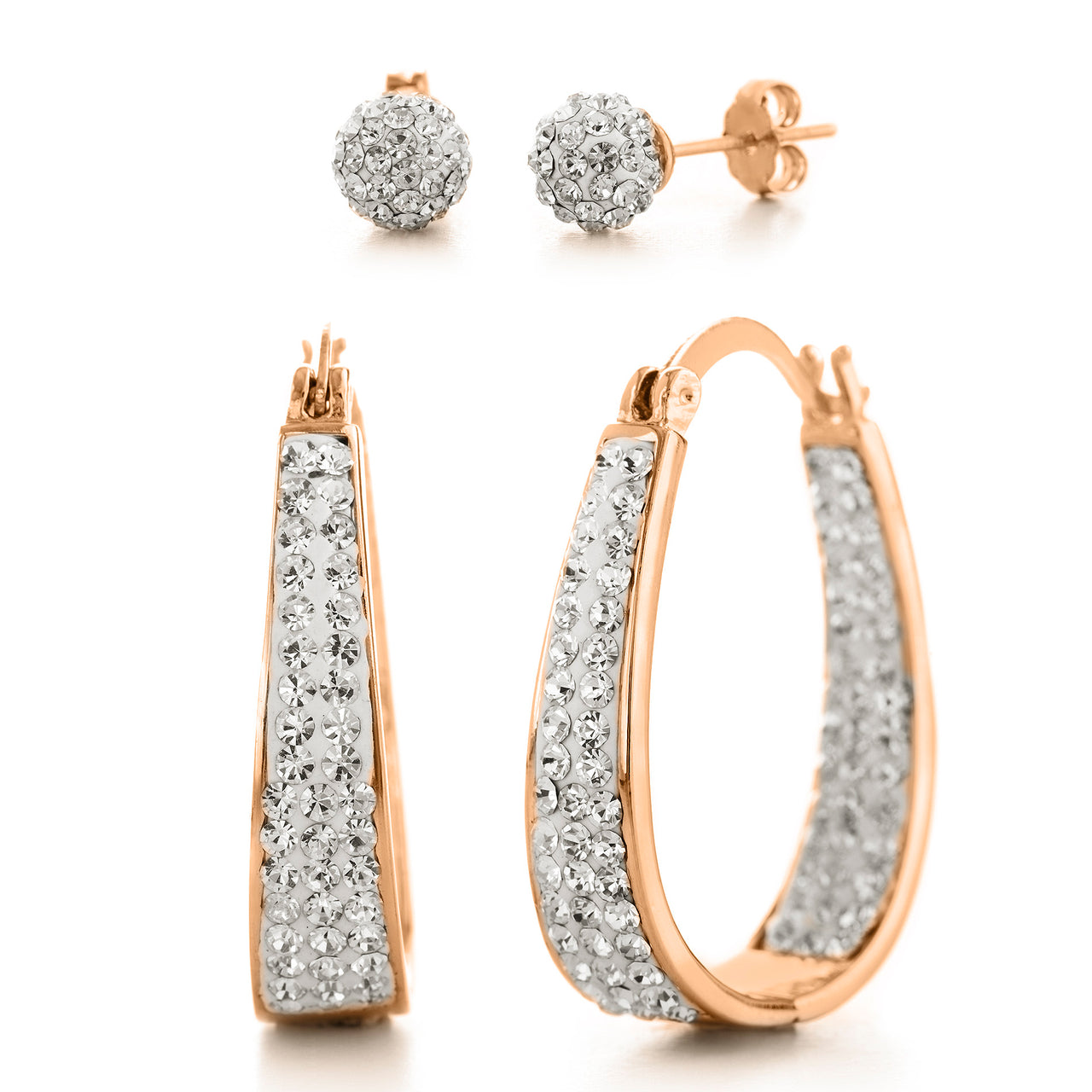 Lesa Michele Rose Gold Plated Crystal Hoop and Ball Stud Earring set in Brass