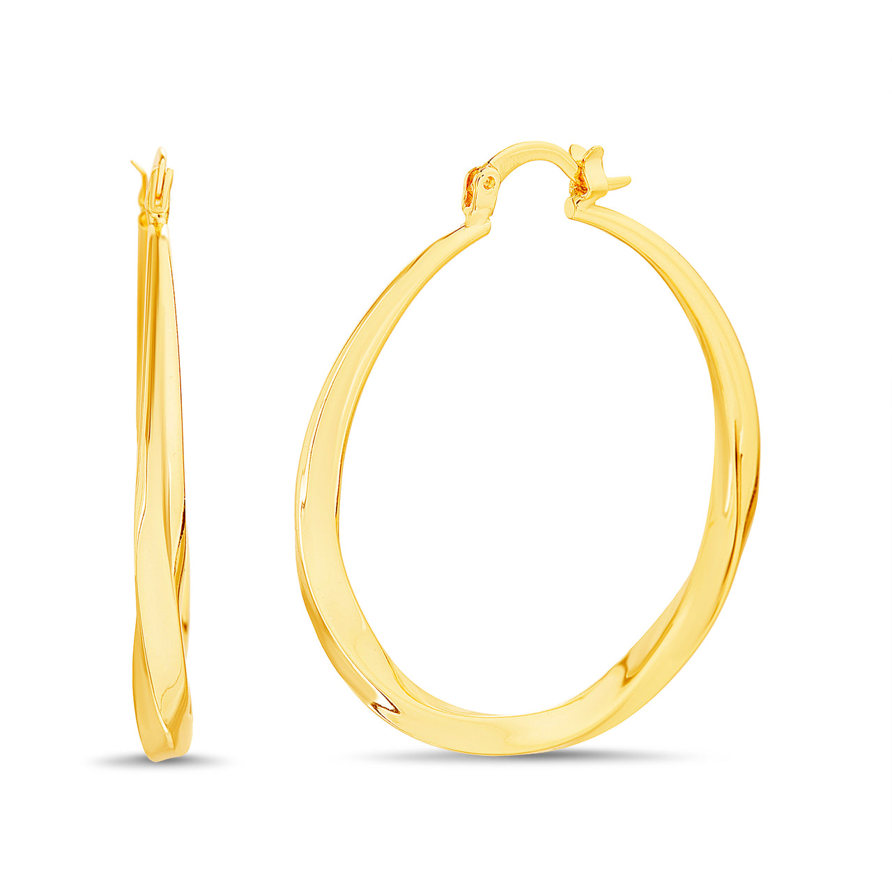 Polished Twisted Hinge Hoop Earrings in Yellow Gold or Rhodium Plated Brass