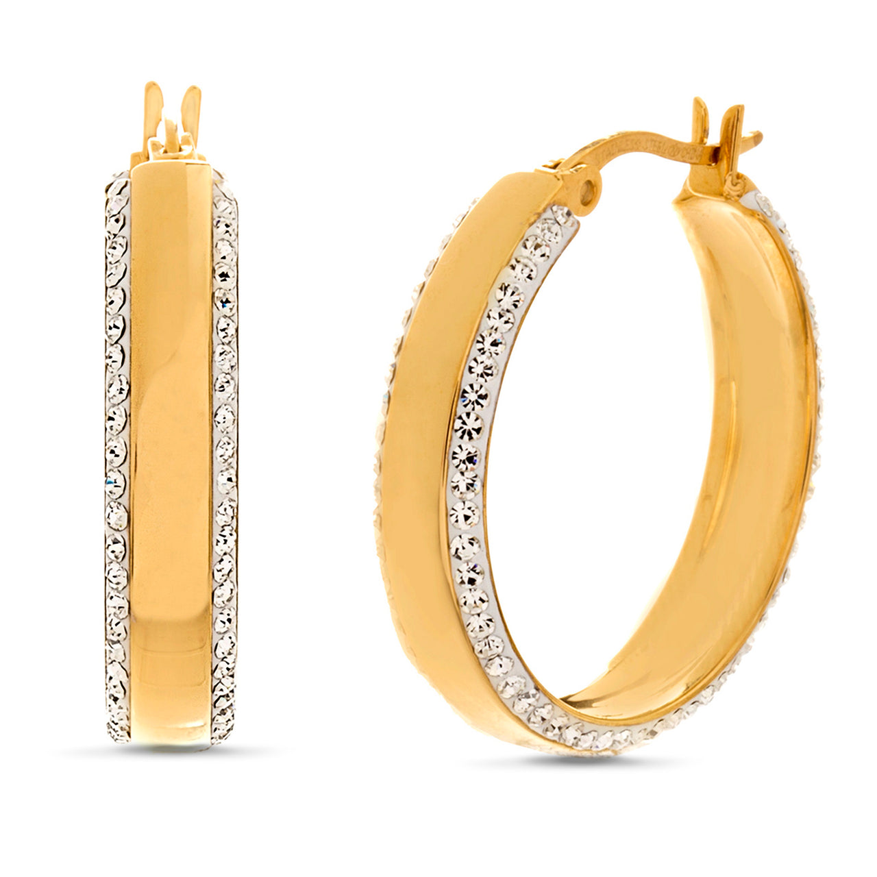 Lesa Michele Polished Crystal Border Hoop Earrings in Yellow Gold IP Stainless Steel