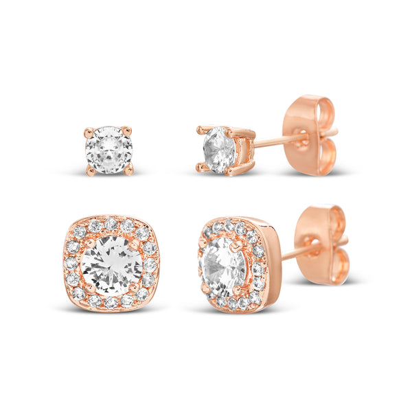 Aubrey Lee Cubic Zirconia Stud Earring Set in Rose Gold Plated Brass