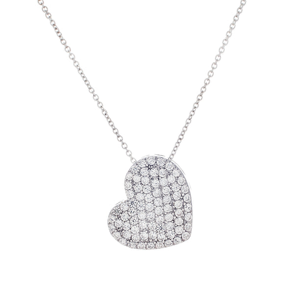 Lesa Michele Cubic Zirconia Pave Heart Necklace in Rhodium Plated Sterling Silver