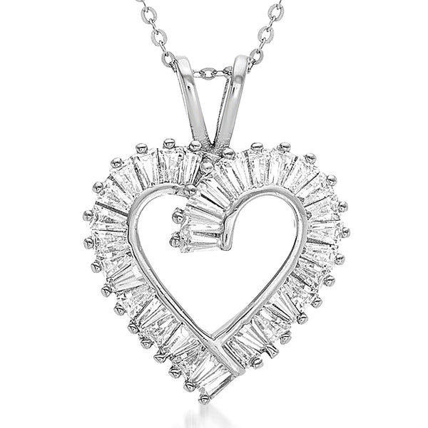 Lesa Michele Cubic Zirconia Baguette Heart Necklace for Women in Rhodium Plated Sterling Silver