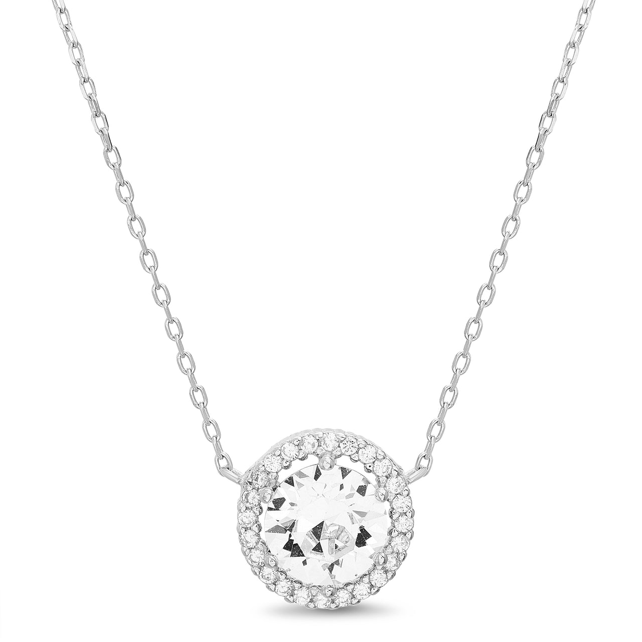  Round Halo Pendant on 18" Necklace for Women in Rhodium Plated 925 Sterling Silver made with Swarovski Crystals