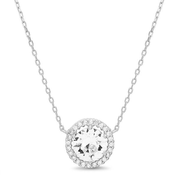  Round Halo Pendant on 18" Necklace for Women in Rhodium Plated 925 Sterling Silver made with Swarovski Crystals