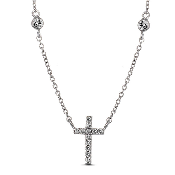 My Bible Rhodium Plated Sterling Silver Cubic Zirconia Cross Necklace