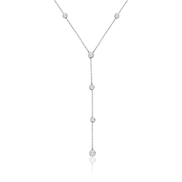 Bezel Set CZ By the Yard Y Style 18" Station Chain Necklace for Women in Rhodium Plated 925 Sterling Silver
