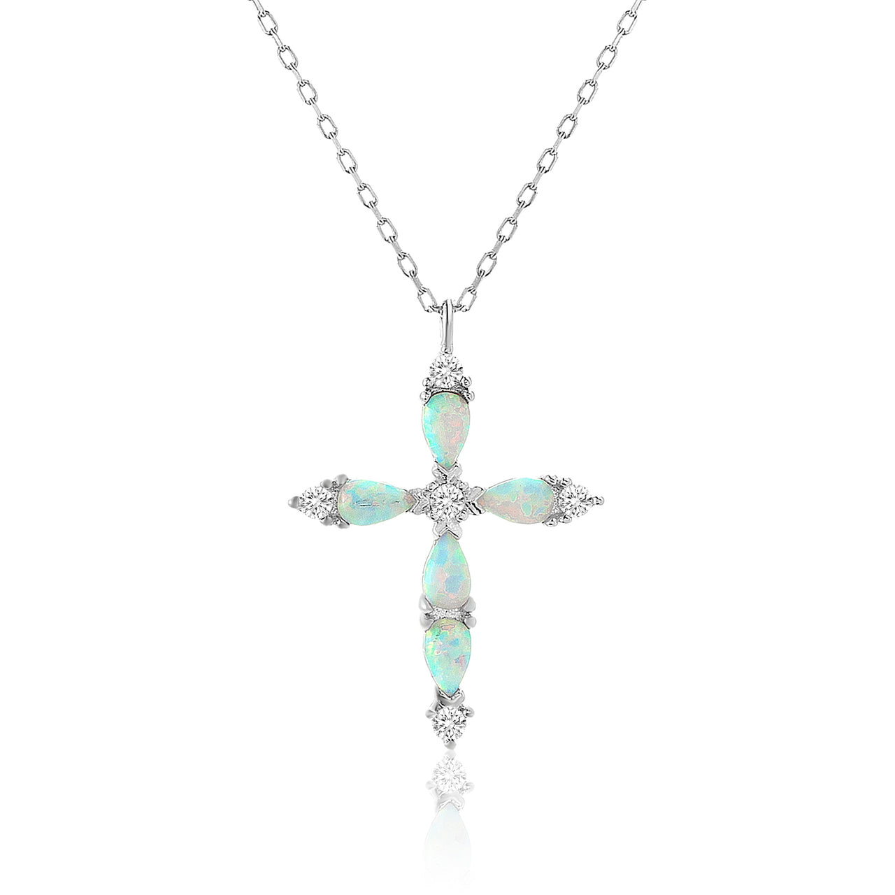 My Bible Rhodium Plated Sterling Silver Simulated Opal Cross Pendant Necklace
