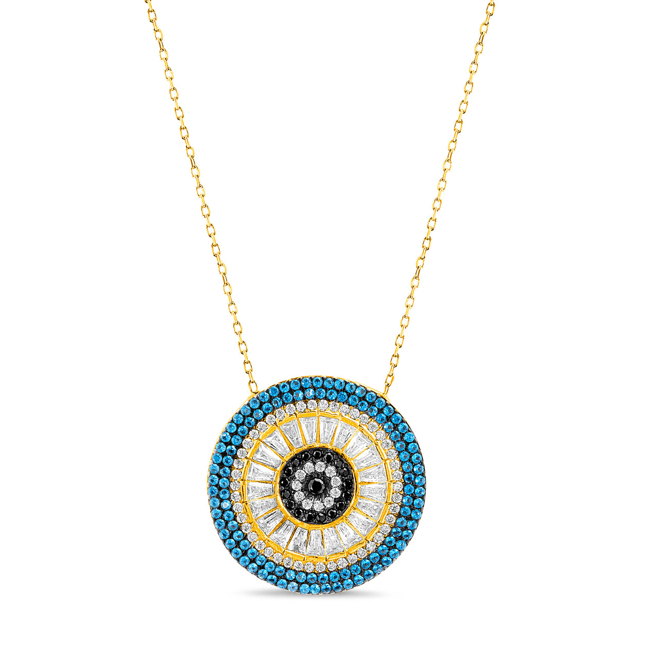 Lesa Michele Baguette Cut Cubic Zirconia Evil Eye Necklace in Yellow Gold Plated Sterling Silver