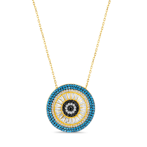 Lesa Michele Baguette Cut Cubic Zirconia Evil Eye Necklace in Yellow Gold Plated Sterling Silver