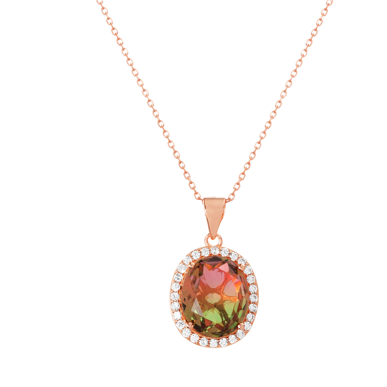 Lesa Michele Simulated Watermelon Tourmaline & Cubic Zirconia Pendant in Rose Gold Plated Sterling Silver