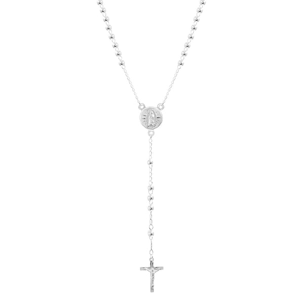 Sterling Silver Polished Crucifix Rosary Necklace with 3mm Beads