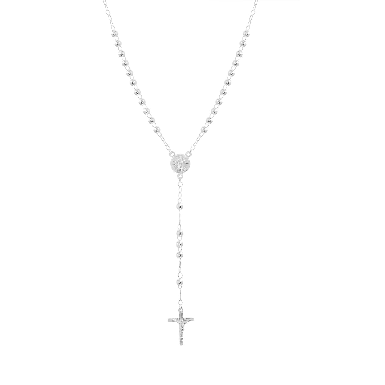 Sterling Silver Polished Beads Crucifix Rosary Necklace with 4mm Beads