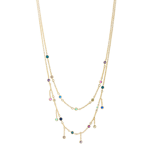 Lesa Michele Rainbow Cubic Zirconia Double Layer Drop Station Necklace in Yellow Gold Plated Sterling Silver