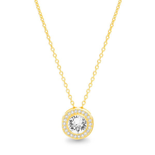  16" + 2" Round Halo Pendant Necklace for Women made with Swarovski Crystals in Yellow Gold Plated 925 Sterling Silver (Color: Crystal)