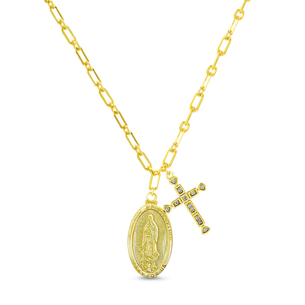 My Bible Yellow Gold Plated Sterling Silver Our Lady of Guadalupe & Cross Charm Necklace
