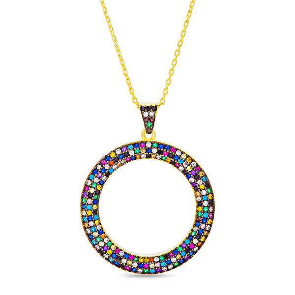 Lesa Michele Rainbow Cubic Zirconia Circle Pendant in Yellow Gold Plated Sterling Silver
