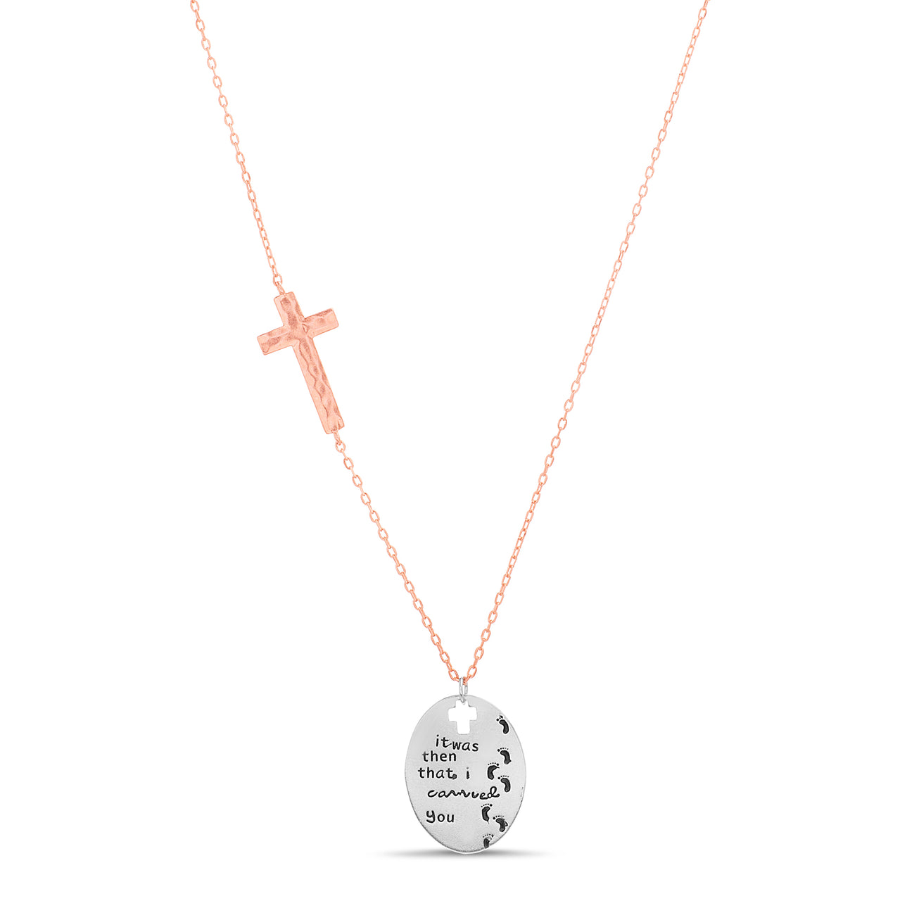 My Bible Two-tone Plated Sterling Silver Hammered Footprint Pendant Station Cross Necklace