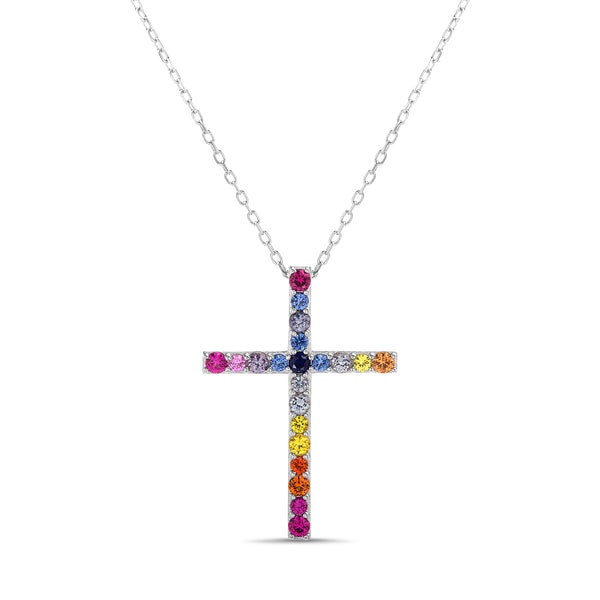 Lesa Michele Rainbow Cubic Zirconia Cross Pendant Necklace in Rhodium Plated Sterling Silver