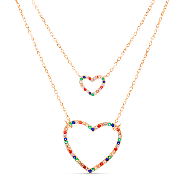 Lesa Michele Rainbow Cubic Zirconia Double Layer Heart Necklace in Rose Gold Plated Sterling Silver