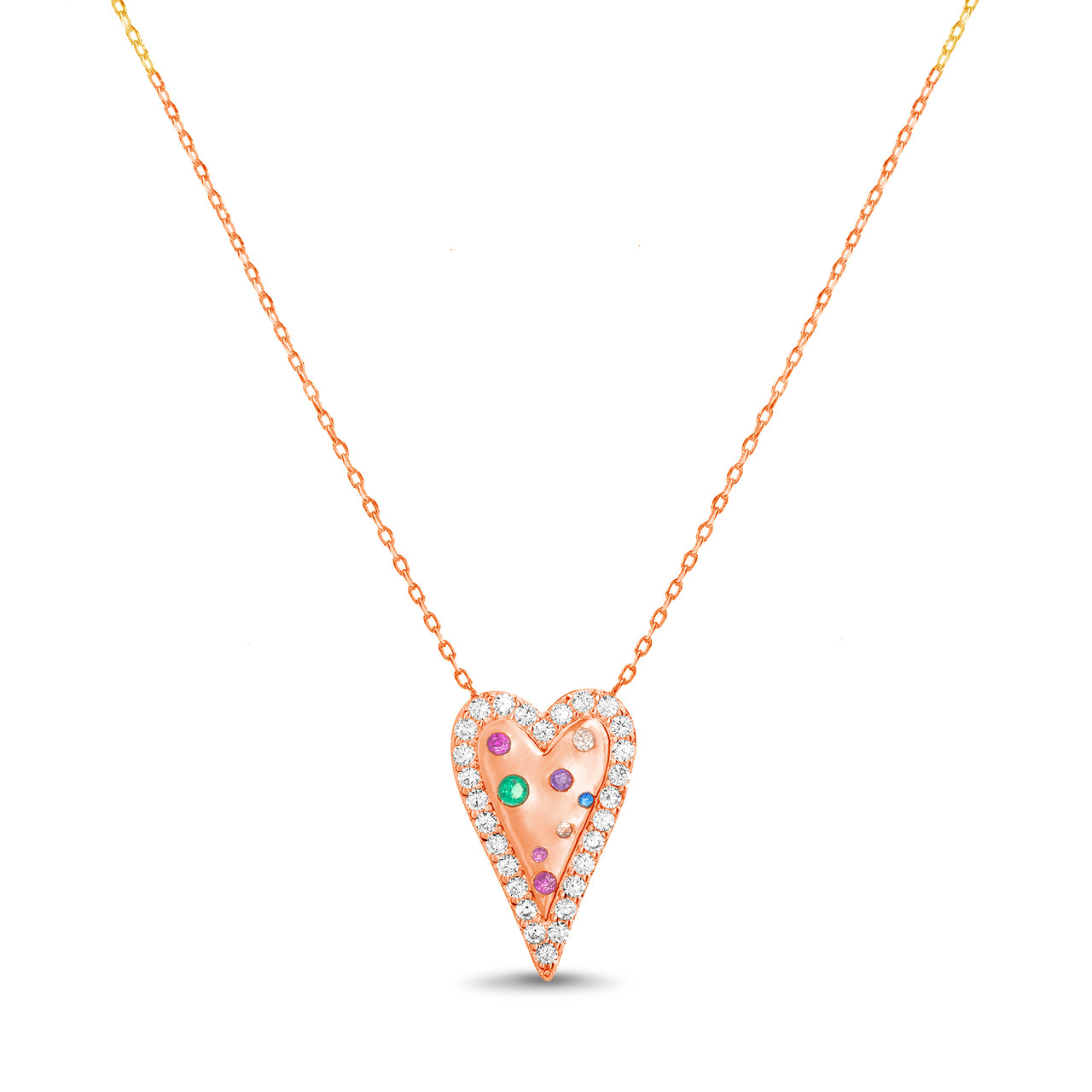 Lesa Michele Rainbow Cubic Zirconia Heart Necklace in Rose Gold Plated Sterling Silver