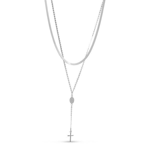 My Bible Rhodium Plated Sterling Silver Cross Drop Y Double Layered Necklace