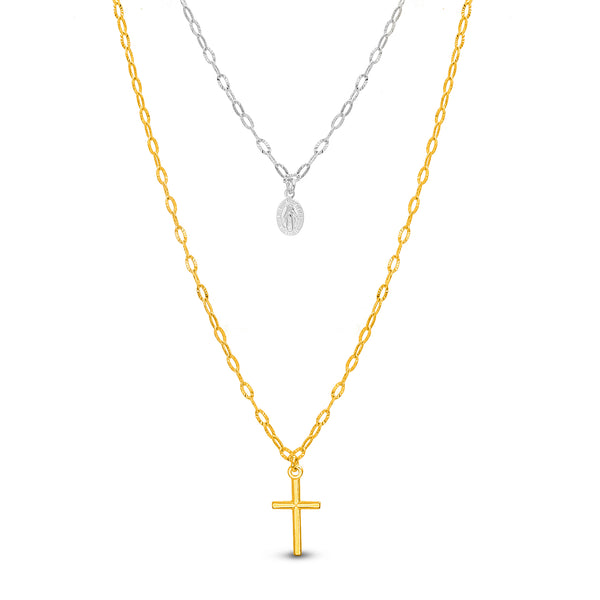 Two-tone Plated Sterling Silver Double Layered Religious Oval Cross Necklace