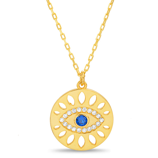 Lesa Michele Blue Cubic Zirconia Cut Out Evil Eye Necklace in Yellow Gold Plated Sterling Silver