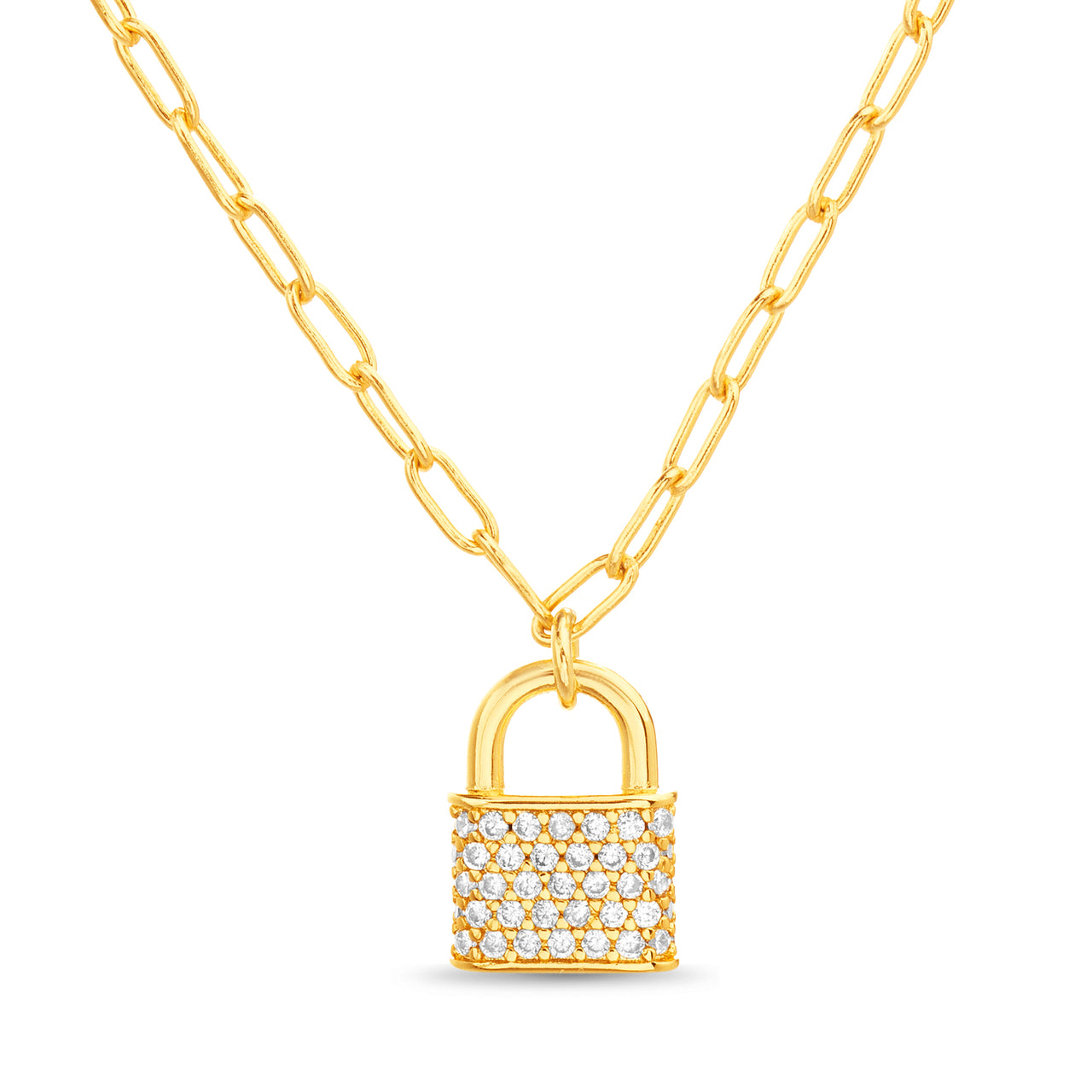 Lesa Michele Lock Necklace Paperclip Chain Necklace in Yellow Gold Plated Sterling Silver with Cubic Zirconia