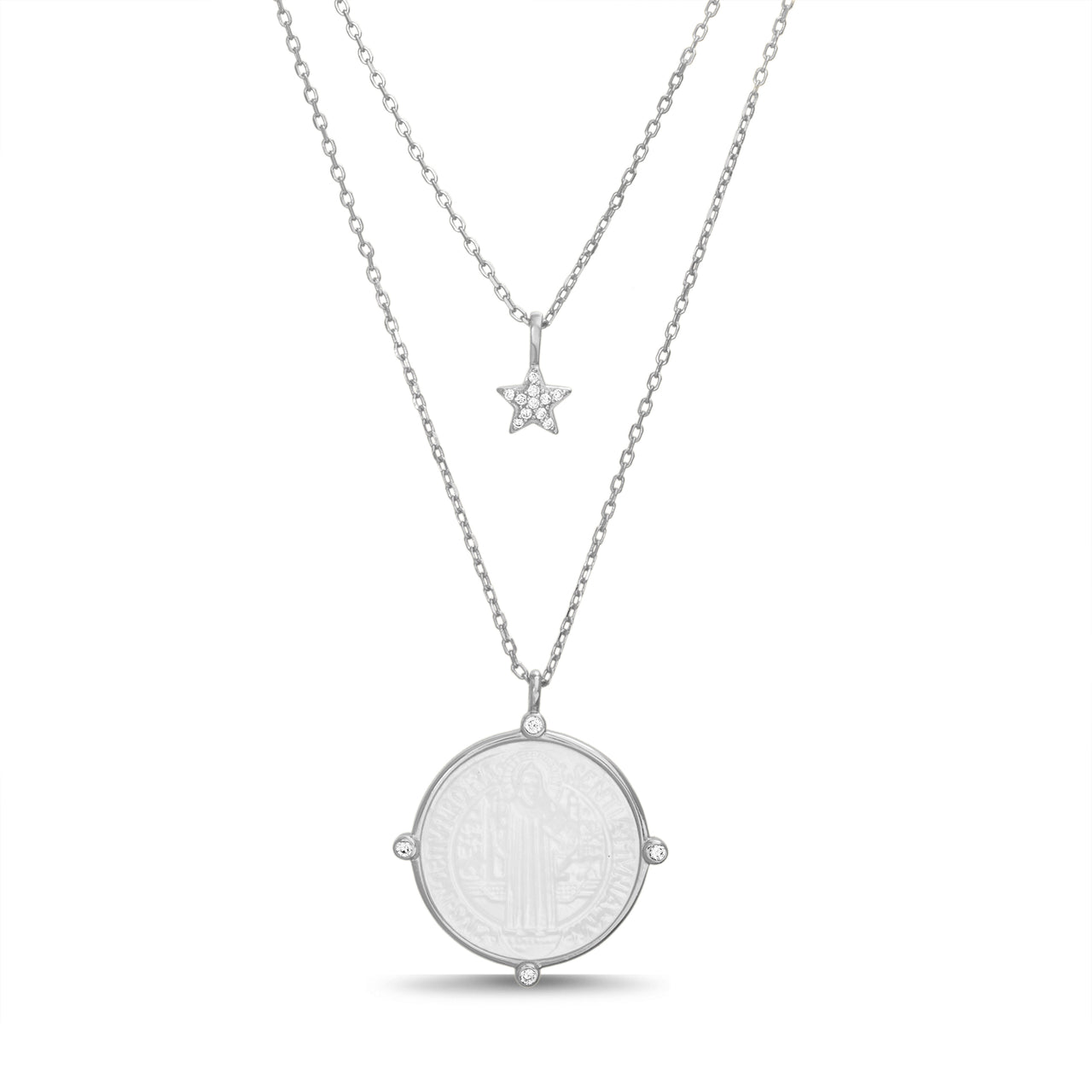 Sterling Silver Mother of Pearl Cubic Zirconia Religious Disc Double Layered Necklace